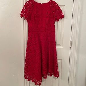 Eliza J Lace Asymmetrical-Hem Midi Dress